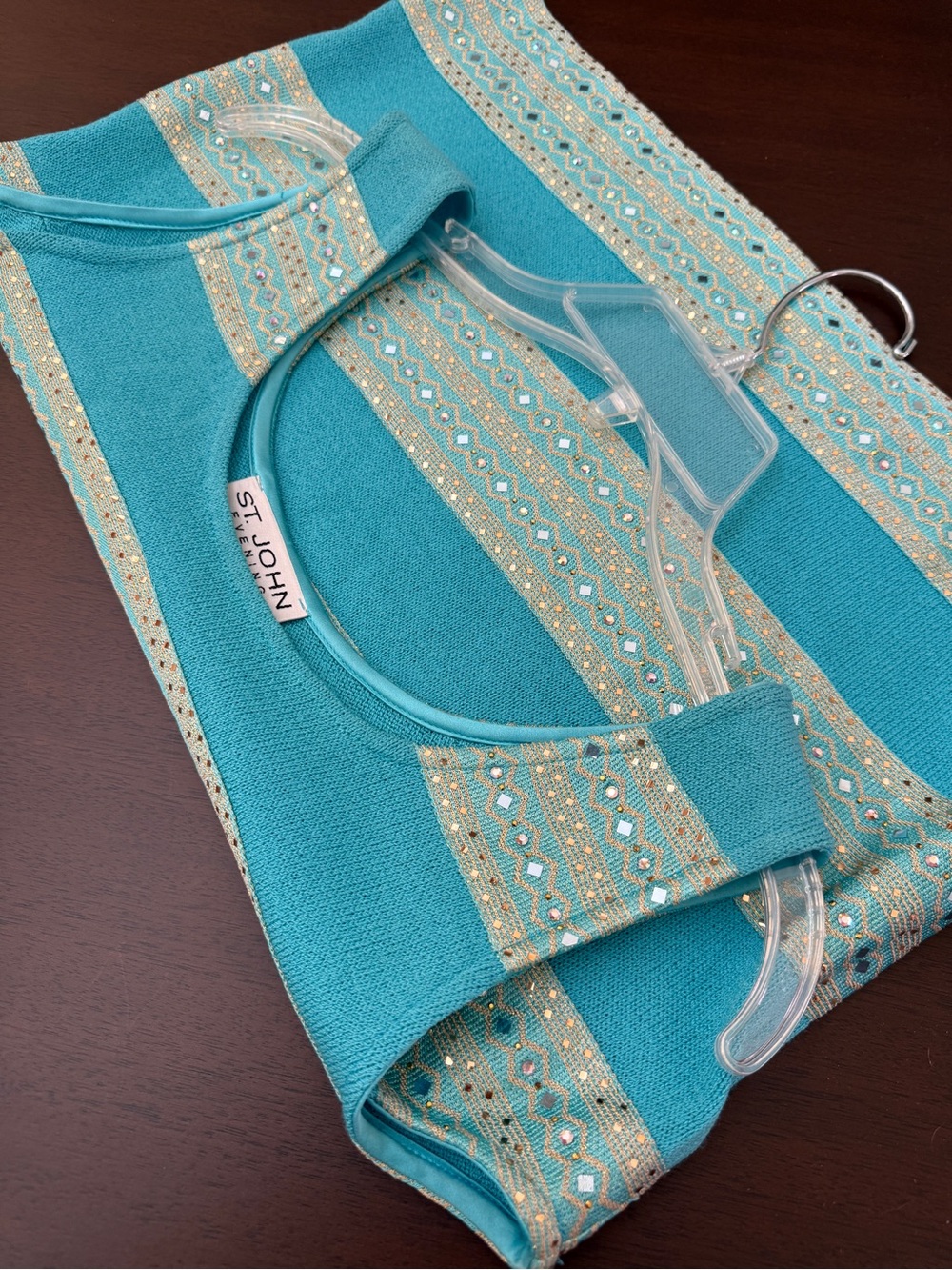 VTG ‘92-98 St. John Evening Marie Gray Knit Tank Top Sequin Metallic Gold Aqua M